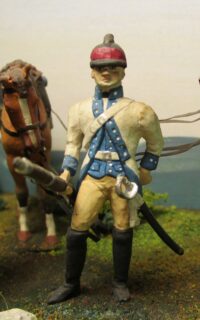 American Revolution Trooper, 1st Phila. City Troop dismounted, pointing with right hand, left hand on sword
