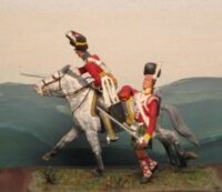 Scots Grey on charging horse with the Gordon Highlander, clinging to saddle